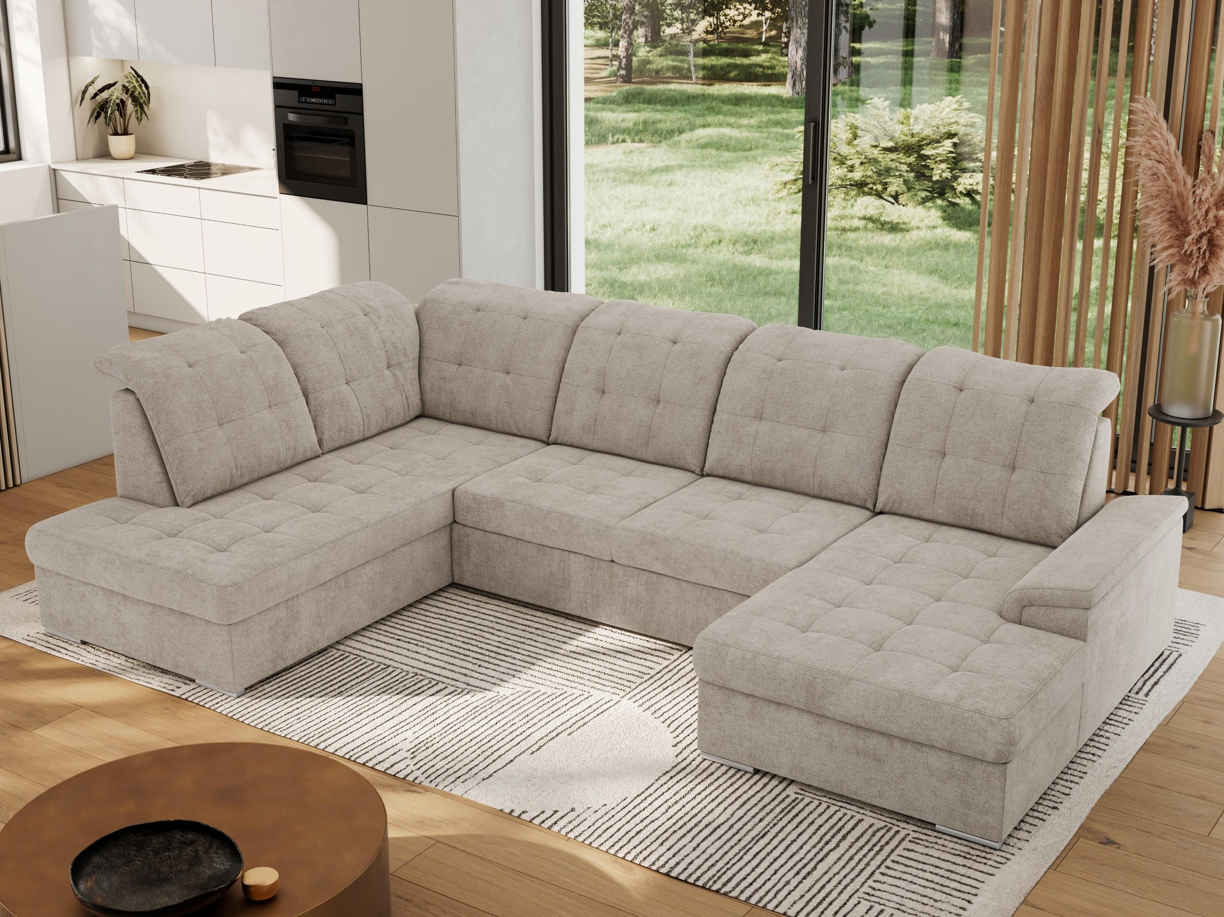 WOHNLANDSCHAFT MADRITO U - Beige Struktur - Links - Beige/Silberfarben, Textil/Metall (204/89/323cm) - MKS