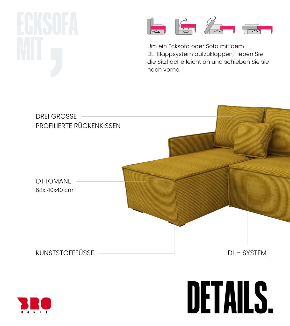 ECKSOFA Atlantic mit Schlaffunktion Gelb Cord - Gelb, Textil (238/141cm) - Bromarkt