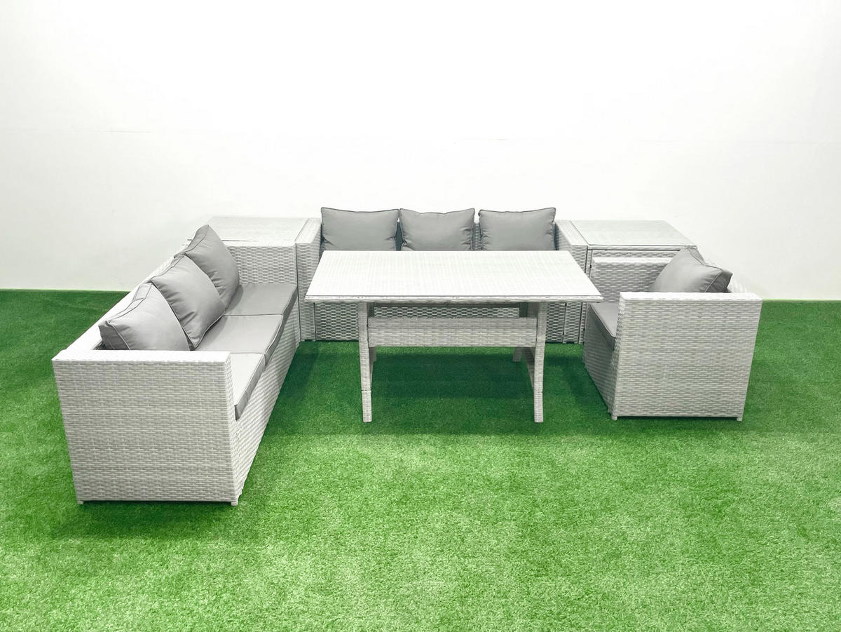 GARTENMÖBEL SET mit 3-Sitzer-Sofa und Sessel, Esstisch,2 Beistelltischen Polyrattan Hellgrau 7-Sitzer - Hellgrau/Grau, Glas/Kunststoff - Fimous