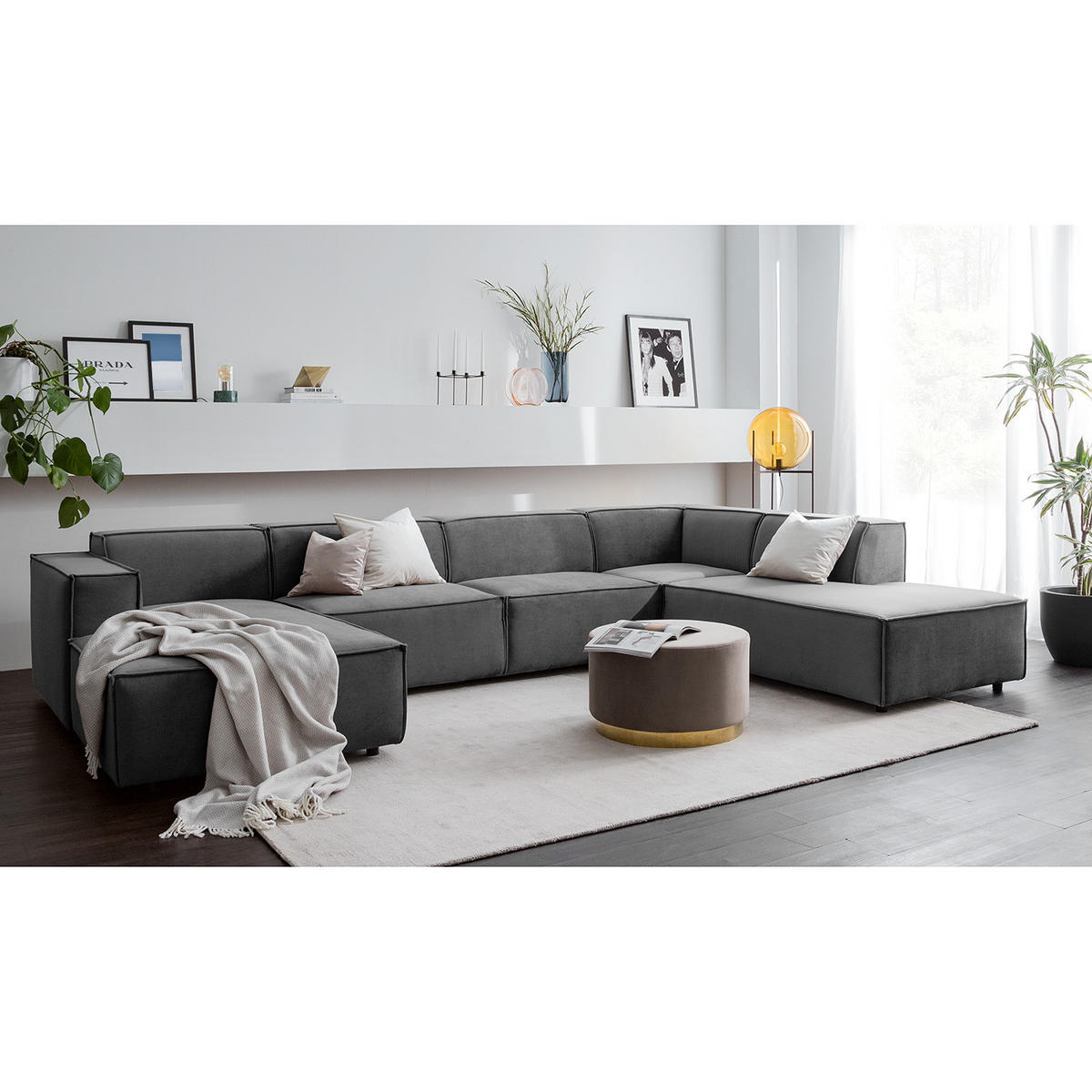 WOHNLANDSCHAFT mit Longchair & Ottomane - Schwarz/Grau, Kunststoff/Textil (369/70/234cm) - home24