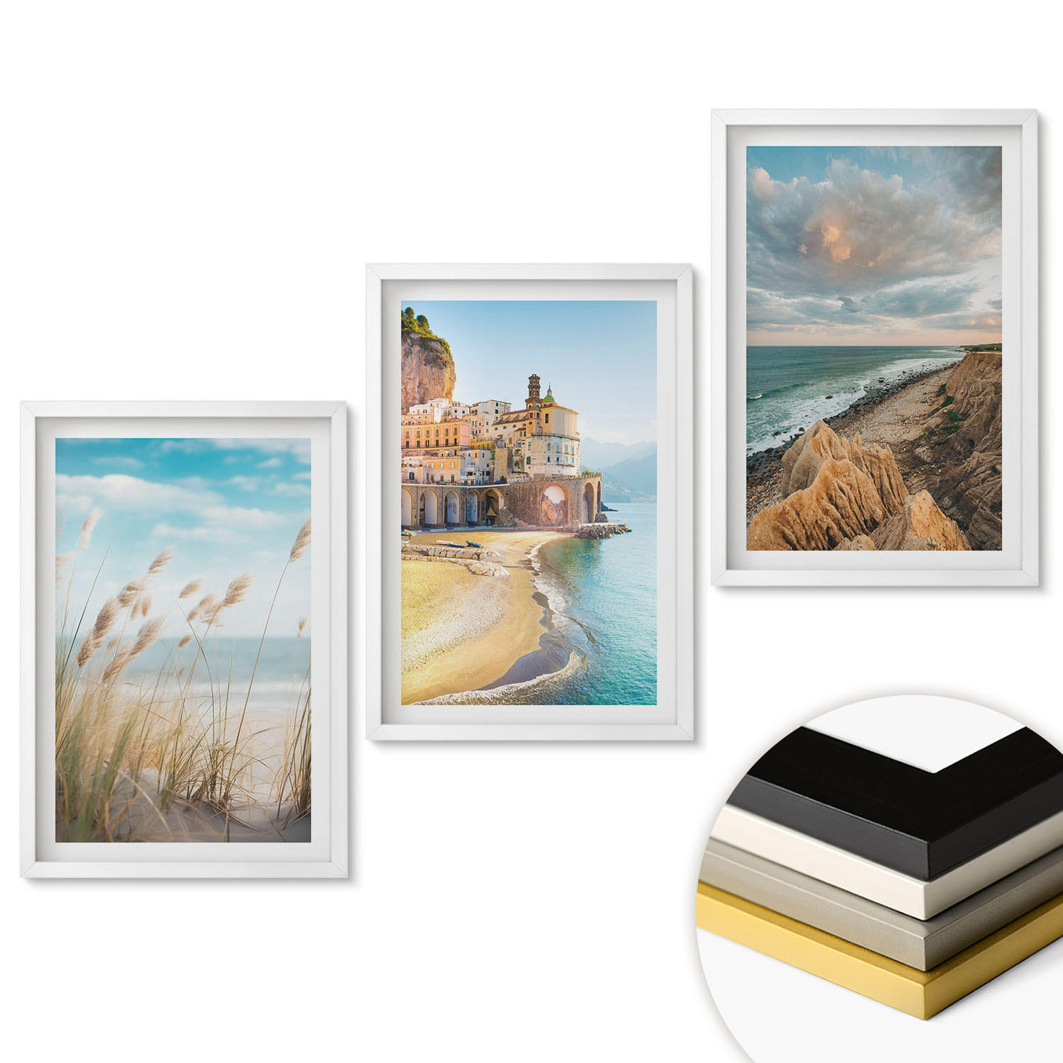 WANDBILDER 3er-Set - 40x60 cm Weißer Rahmen - Landschaften Strand Klippen Stadt - Weiß, Kunststoff (40/60cm) - ArtPrintCave
