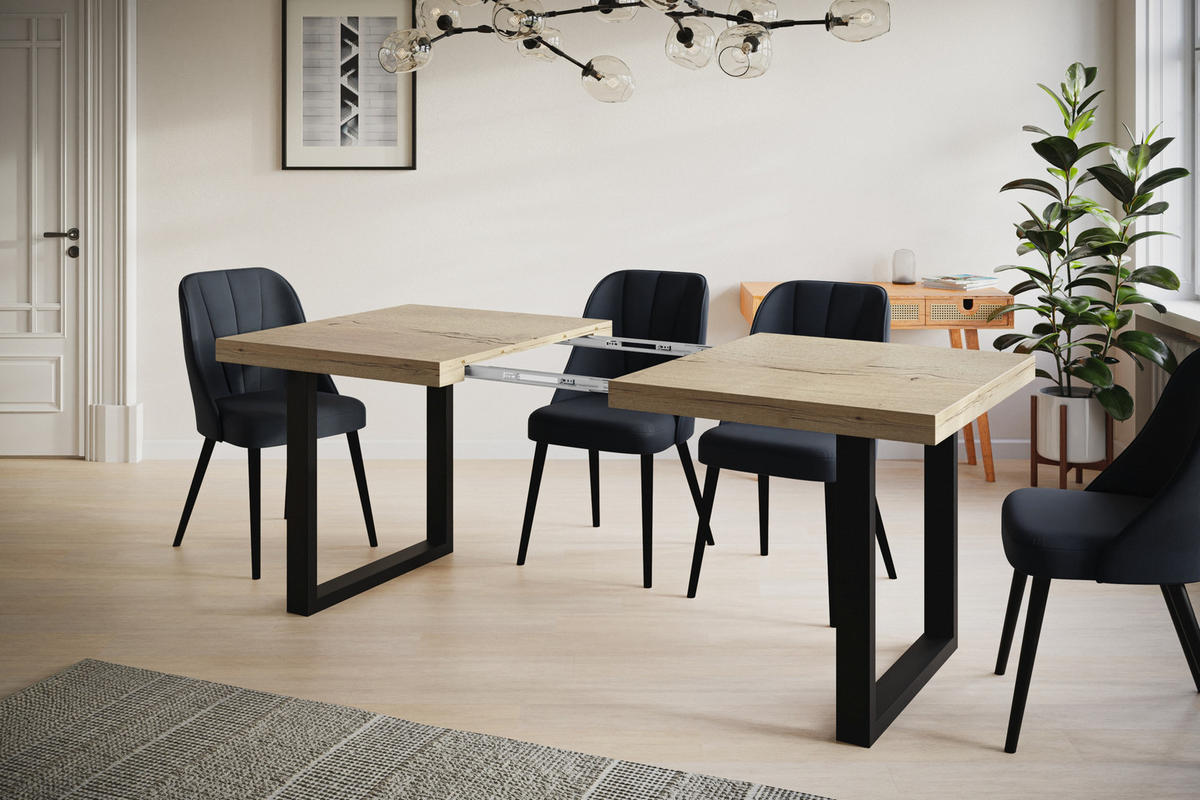ESSZIMMERTISCH LOFT-U, ausziehbarer Tisch 140-240X80X77 cm, Farbe: HALIFAX, mit Metallbeinen in Farbe Schwarz - Schwarz/Naturfarben, Holzwerkstoff (140/80/77cm) - Alpi-Möbel