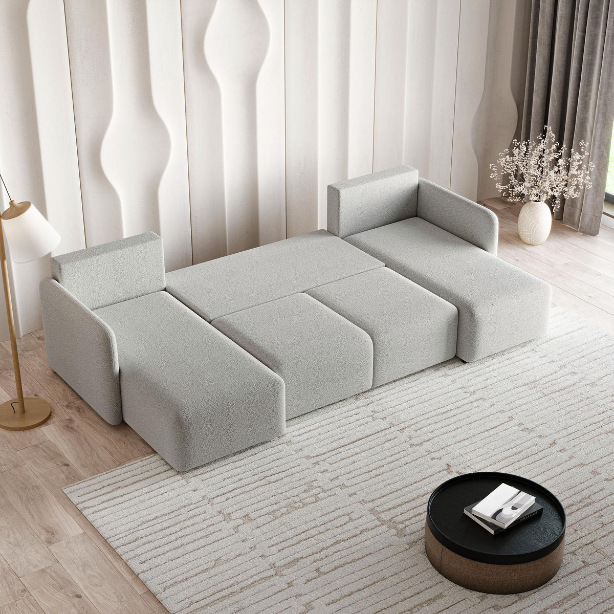 WOHNLANDSCHAFT NUBERO Hellgrau Boucle-Stoff mit Schlaffunktion - Hellgrau, Holz (285/85/143cm) - MASSENO