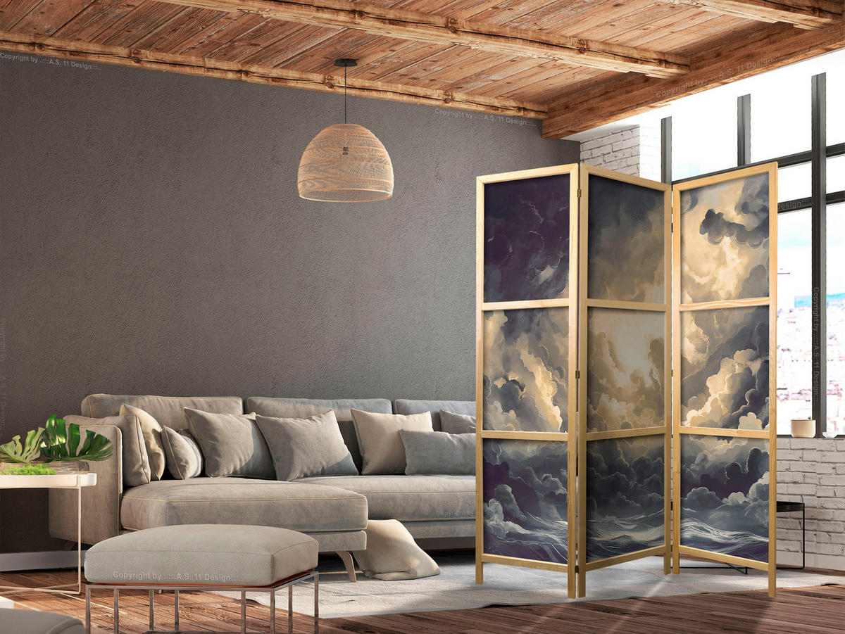 PARAVENT Japanischer 3-tlg 135x172 cm Malerische Wolken - Multicolor, Holz/Textil (135/172/3cm) - Muralo