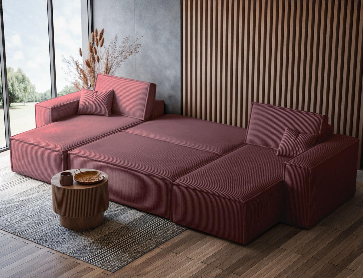 WOHNLANDSCHAFT Scarlo Dunkelrosa Cordbezug - Dunkelrosa/Schwarz, Kunststoff/Textil (244/83/145cm) - Selsey