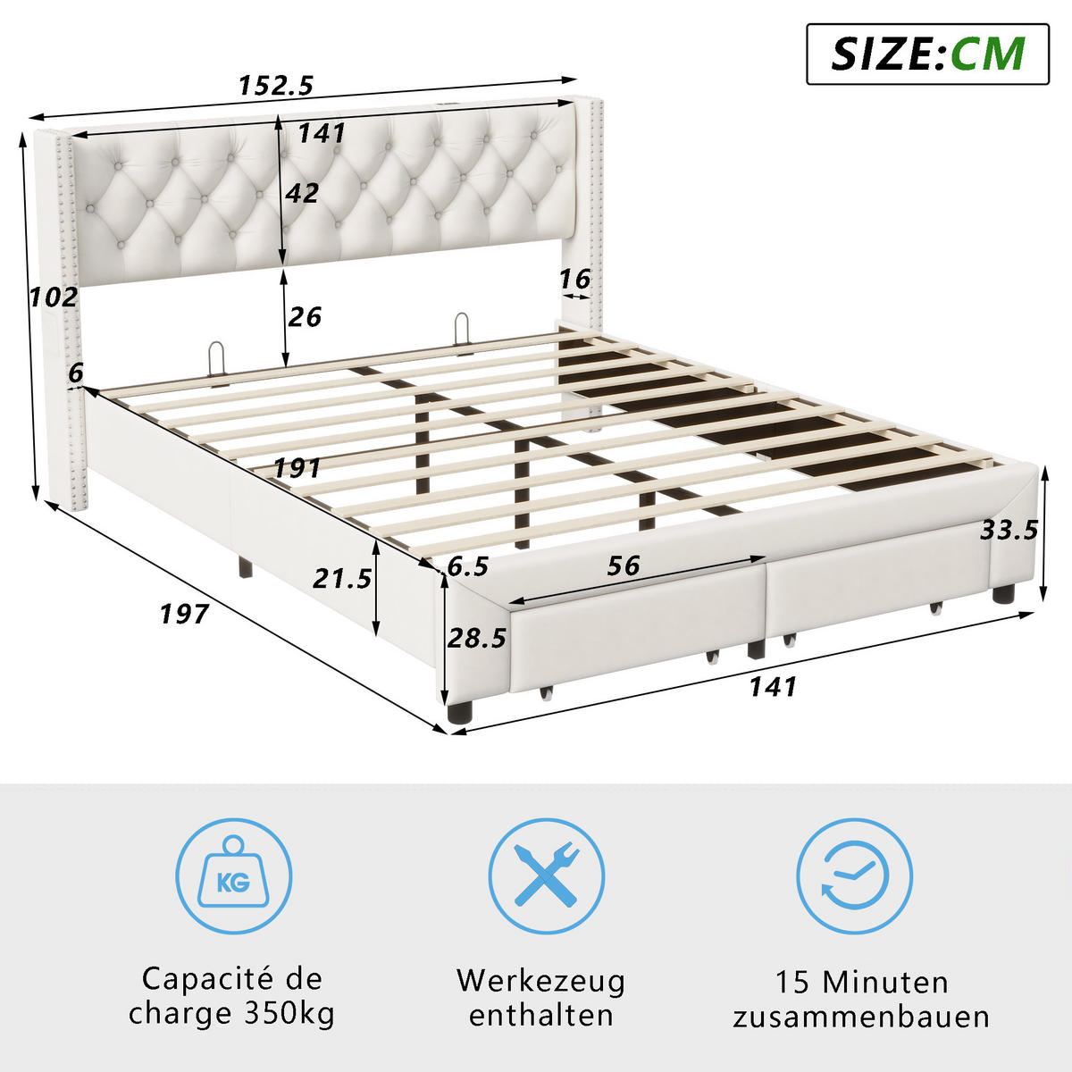 POLSTERBETT 140x190 cm mit Schubladen, LED, USB, Samt, Beige - Beige, Metall (140/190cm)