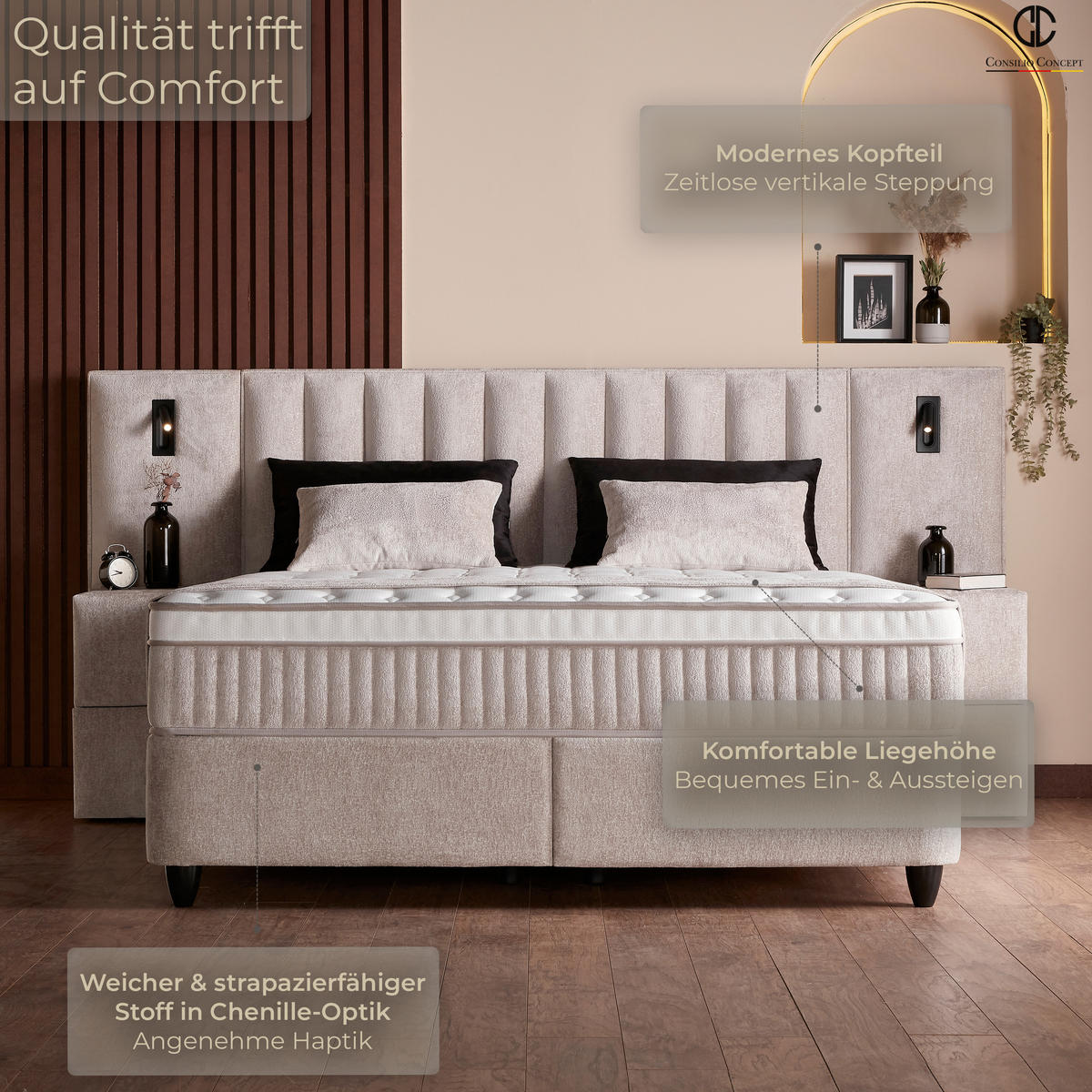 BOXSPRINGBETT MIT BETTKASTEN PALERMO 160/200 cm, Beige, Bettkasten, Matratze, Topper integriert, H3 mittel 7-Zonen Matratze - Creme/Schwarz, Holz/Kunststoff (160/200cm) - Consilio Concept