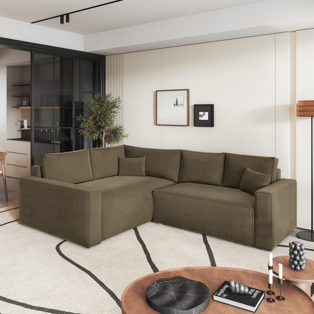 ECKSOFA ERONIS L-S Beige Velours-Stoff mit Schlaffunktion - Beige, Holz (265/194cm) - MASSENO