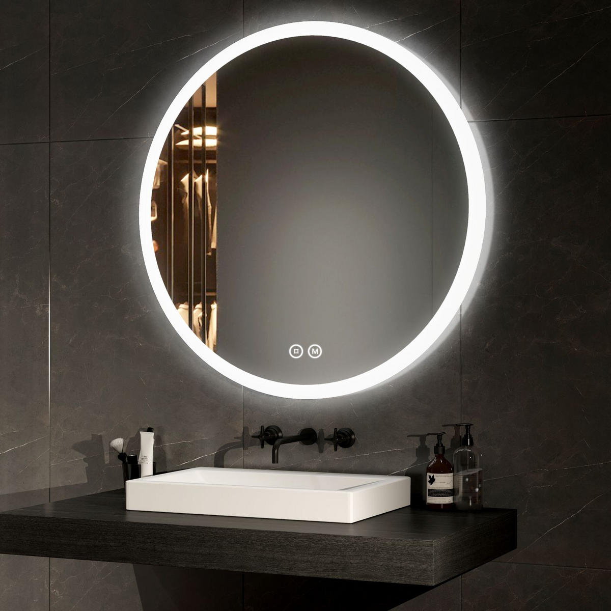 BADSPIEGEL mit Beleuchtung 3 Lichtfarben einstellbar beschlagfrei ф80 cm - Weiß, Glas (80/3.5/80cm) - EMKE