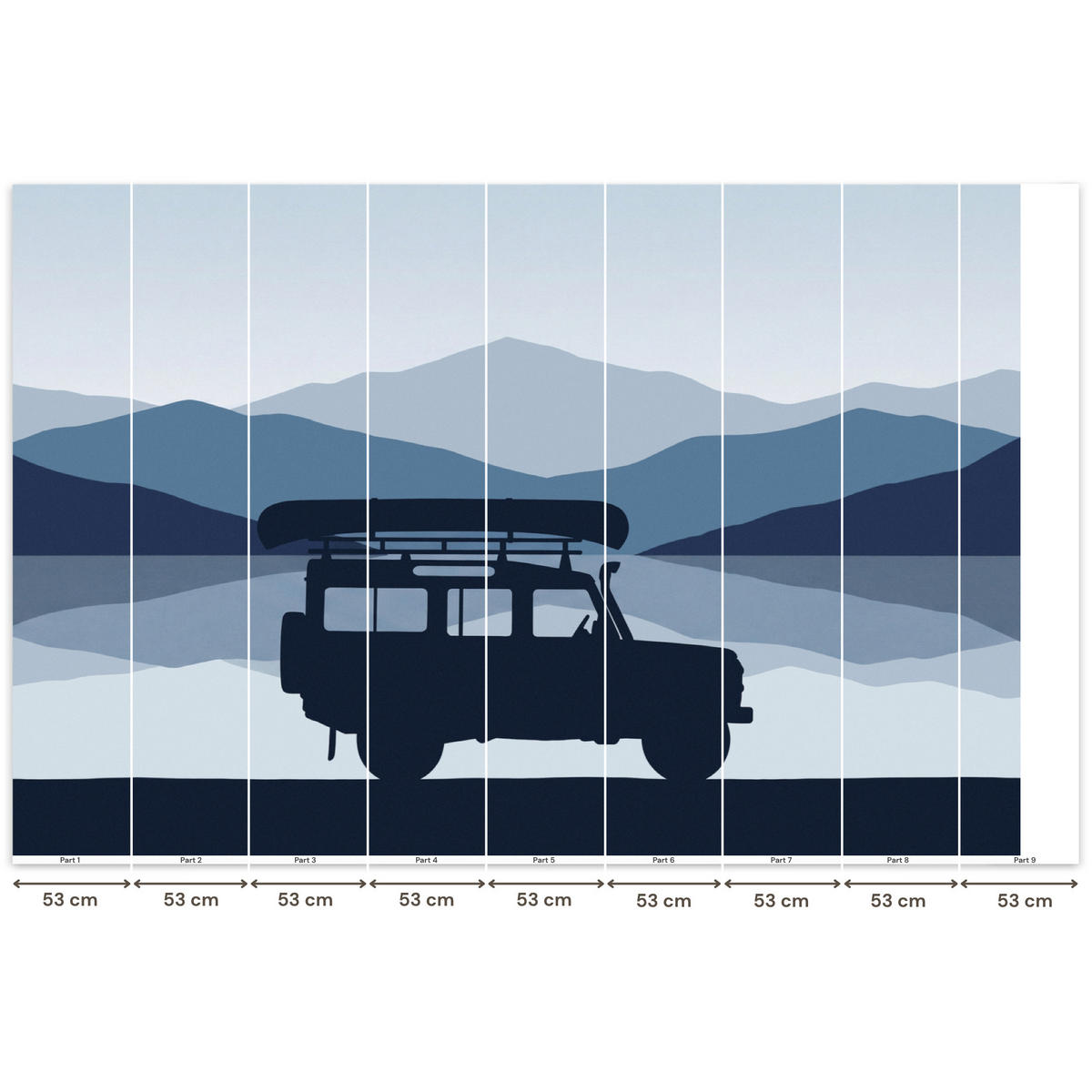 KINDERTAPETE - Auto - See - Berge - Blau - 450x300 cm - Blaugrau, Papier (450/300cm) - OnlyWow