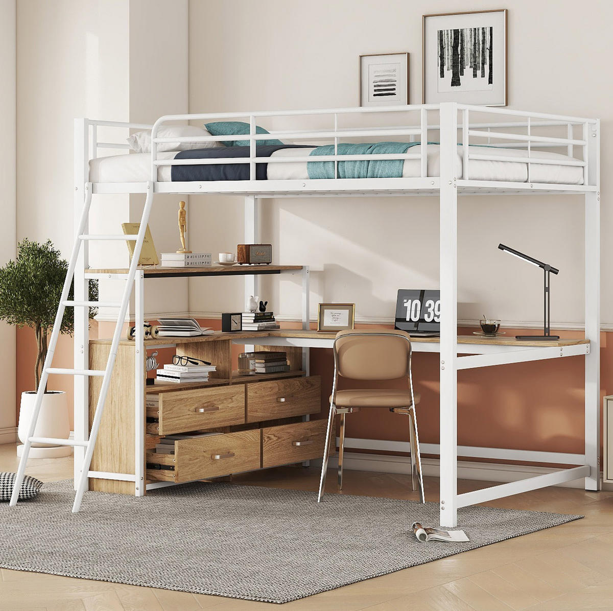 HOCHBETT 140/200 cm Weiß aus Metall und MDF mit L-förmigem Schreibtisch - Weiß, Holzwerkstoff (140/200cm) - OKMYHOME