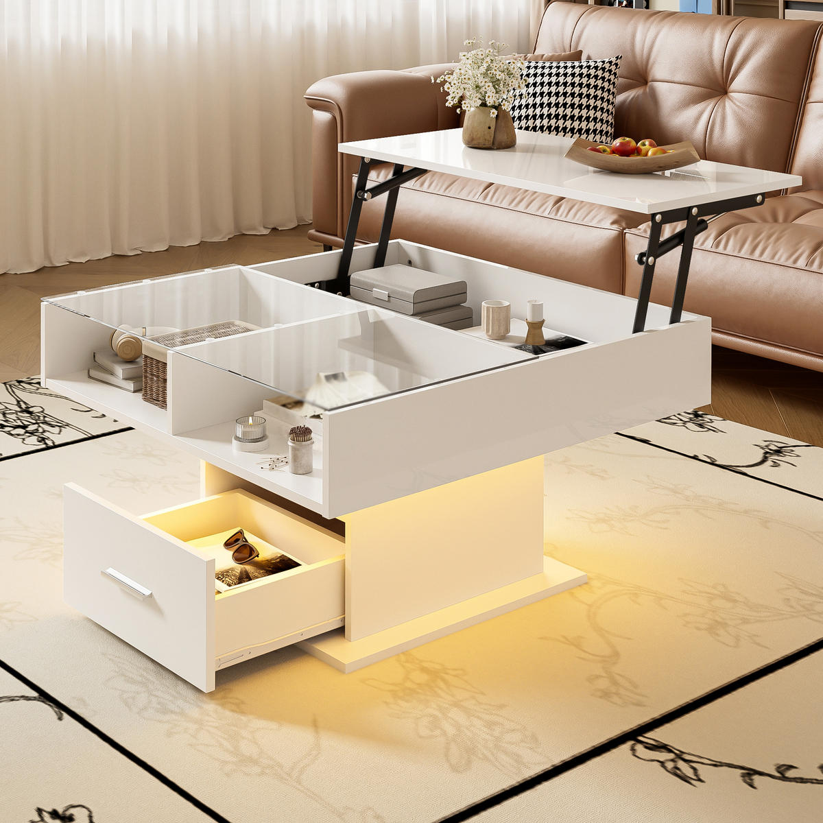 COUCHTISCH mit LED-Beleuchtung Lift-Funktion und Stauraum Hochglanz - Weiß, Glas/Holzwerkstoff (78/78/45.5cm) - EVRYAE