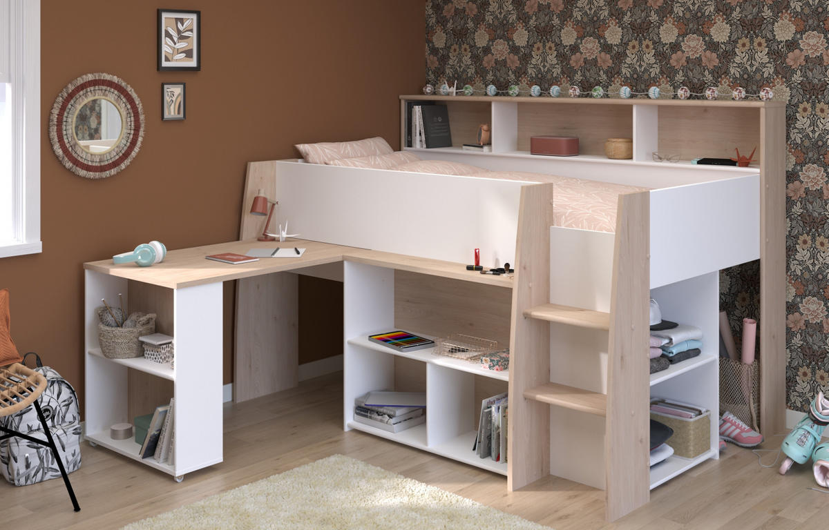 HOCHBETT Jugendzimmer Bett 90 x 200 mit Schreibtisch ausziehbar - Multicolor, Holz/Holzwerkstoff (200/90cm) - Parisot Meuble