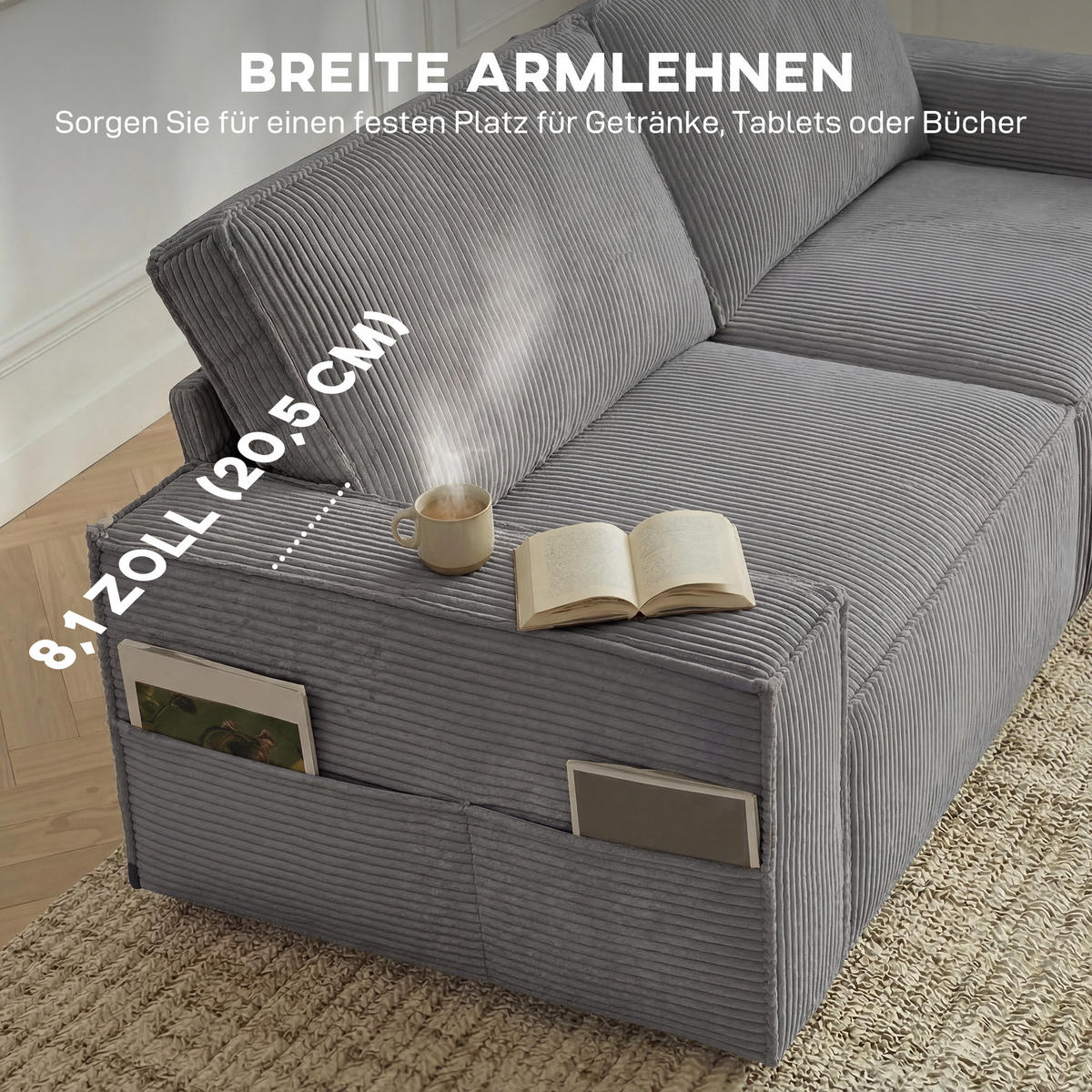 SOFA 3-Sitzer aus Polyester Hellgrau - Hellgrau/Schwarz, Holzwerkstoff/Kunststoff (79/91/218cm) - HOMCOM