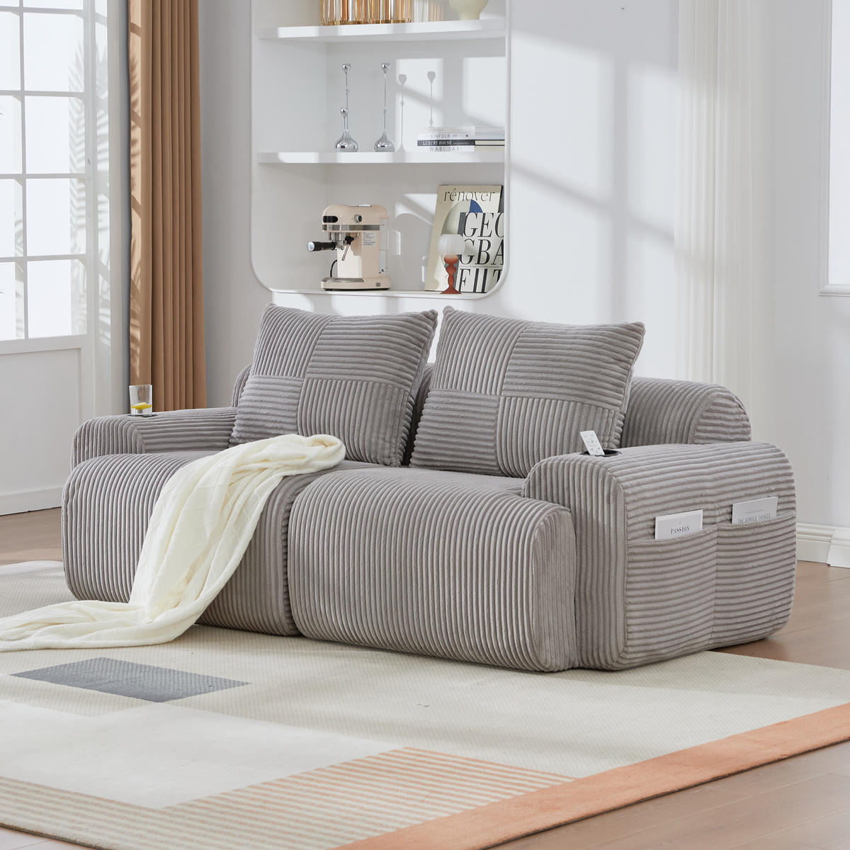 2-SITZER-SOFA aus Cord 200x99x80 cm mit Cupholder & Seitentasche, hellgrau - Hellgrau, Textil (99/80/200cm)