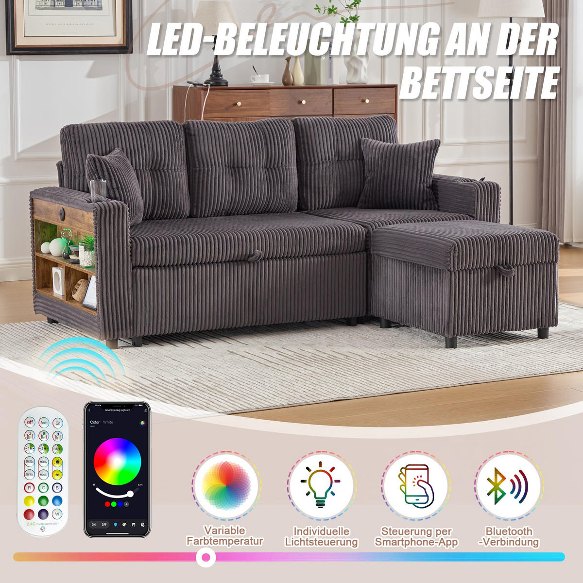 SCHLAFSOFA 3-er Sofa mit Schlaffunktion,Aufbewahrungshocker,Cord,Dunkelgrau - Dunkelgrau, Textil (196/85/119cm) - LVHOM