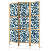 PARAVENT Japanischer 3-tlg 135x172 cm Blaue Blumen Und V gel - Blau, Holz/Textil (135/172/3cm) - Muralo