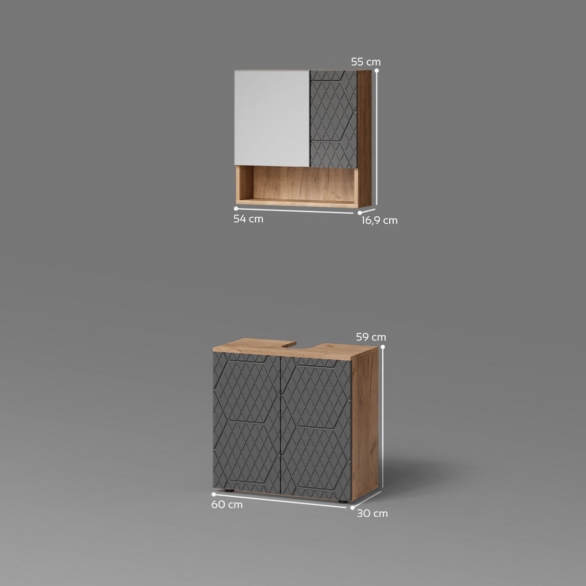BADMÖBEL-SET Ronco Anthrazit gestreift 2 Teile, Unterschrank 60 cm - Anthrazit, Holzwerkstoff (60/59/30cm) - Livinity®