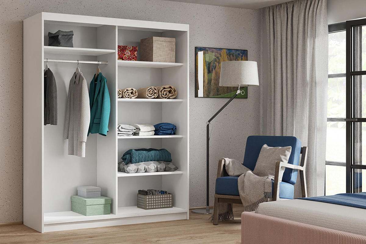 SCHWEBETÜRENSCHRANK Dora 160 cm mit Lamellen und Spiegel 2-türig, weiß, Lamelle artisan - Weiß/Eiche Artisan, Kunststoff (160/205/60cm) - Margaret Hadas24