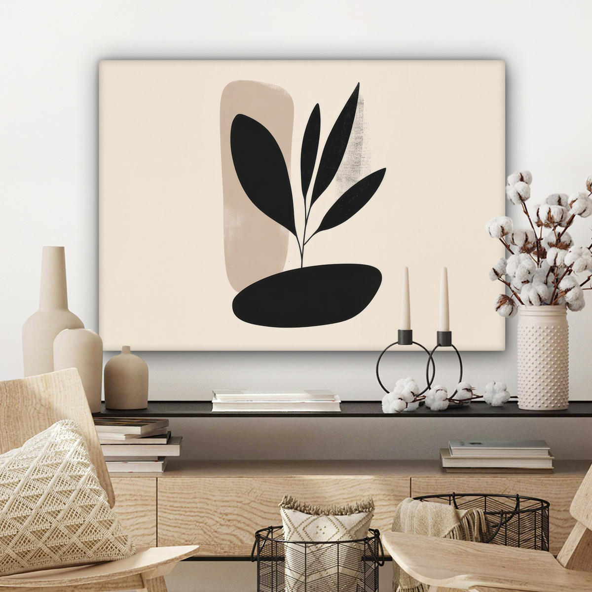 LEINWANDBILD Pflanze - Beige - Japanisch Wandbilder 80x60 cm - Schwarz, Textil (80/60cm) - MuchoWow