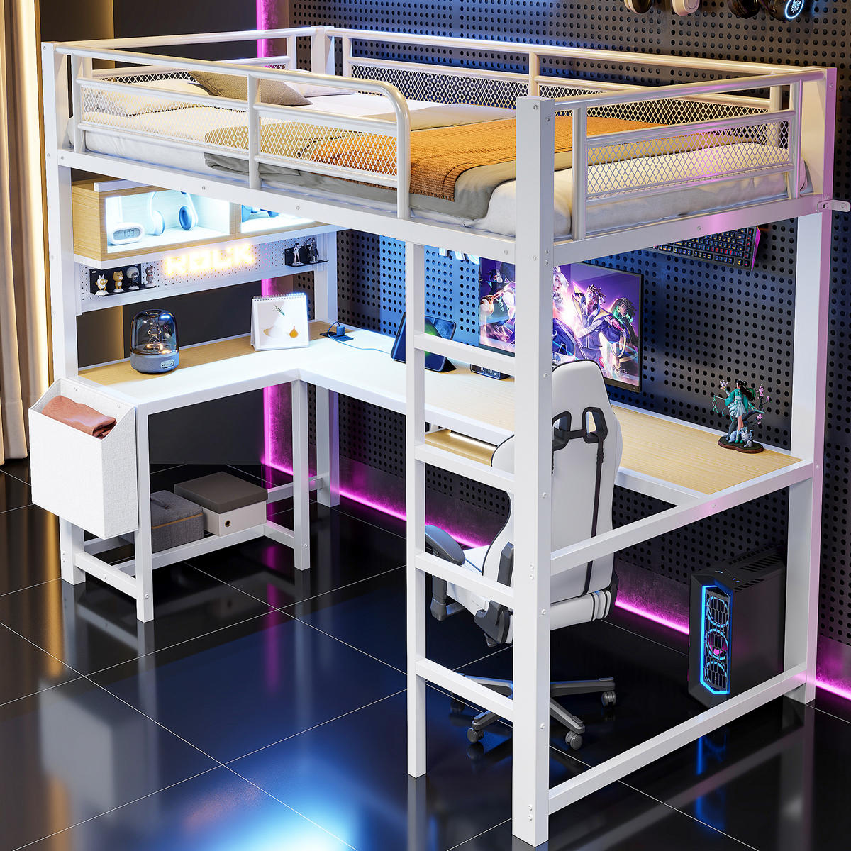 HOCHBETT 90/200 cm in Weiß mit Schreibtisch, LED und USB - Weiß, Holzwerkstoff/Metall (90/200cm) - WISHDOR