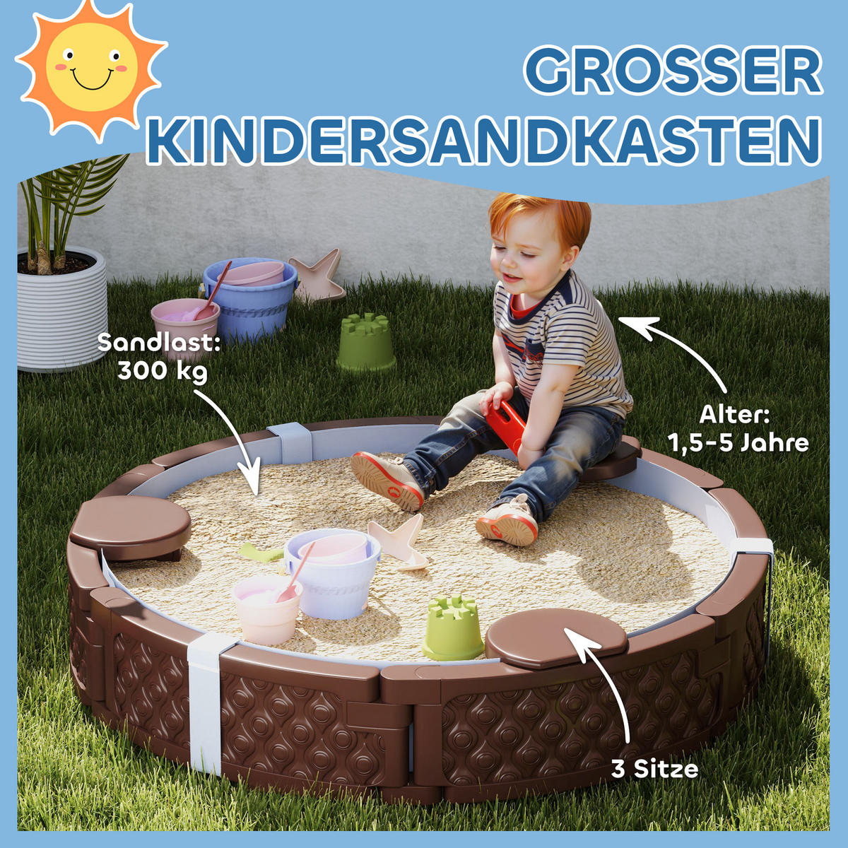SANDKASTEN Runde Sandkiste für bis zu 3 Kinder, mit 3 Sitzen, Dunkelblau - Braun, Kunststoff (120/120/22cm) - AIYAPLAY