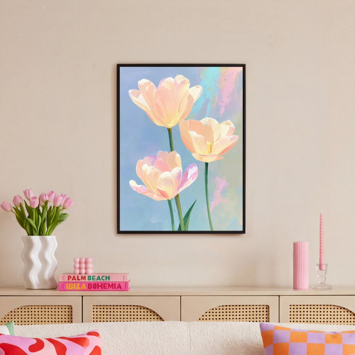 LEINWAND Bilder mit Rahmen - Tulpen - Rosa Akzente - Blau - 60x80 - Pastellblau, Textil (60/80cm) - MuchoWow