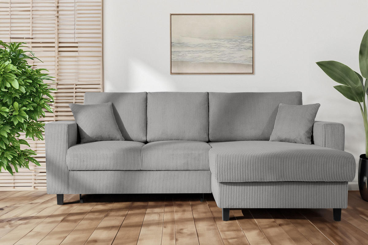 ECKSCHLAFSOFA EGRET Rechts mit Bettkasten, Cord-Stoff, dunkelgrau - Dunkelgrau, Textil (234/90cm) - KONSIMO®
