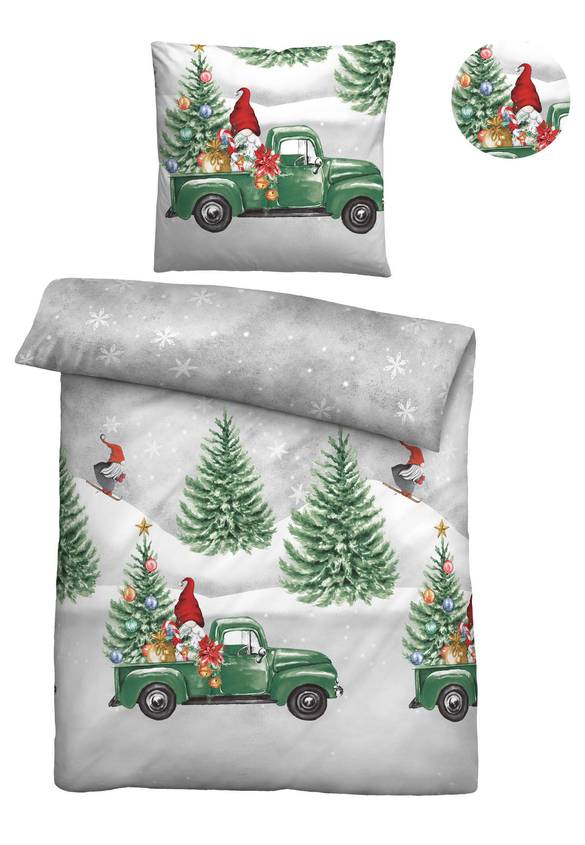 BETTWÄSCHE-GARNITUR Biber Wichtel & Weihnachtsbaum sturmgrau, 135x200 cm + 80x80 cm - Grau, Textil (135/200cm) - biberna