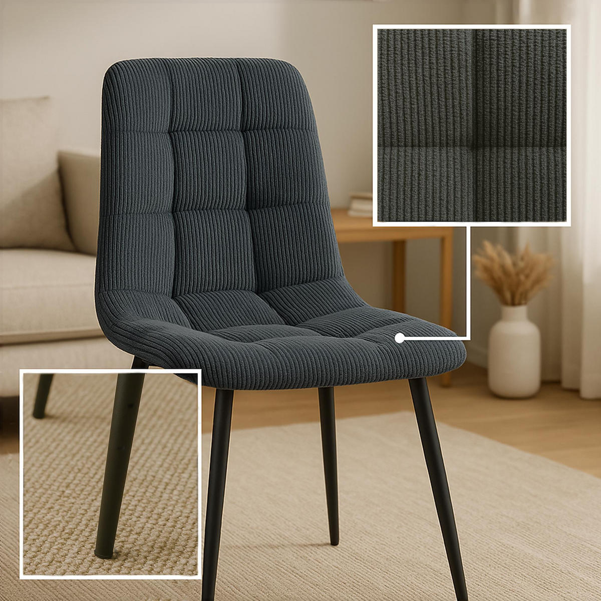 STUHL 2er Set Cord Schwarz - Schwarz, Textil/Metall (45/84/55cm) - CLP