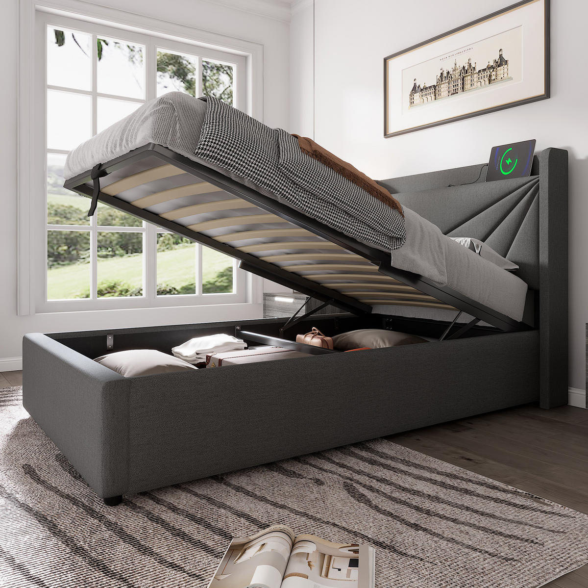 POLSTERBETT aus Baumwoll-Leinen 90x200 cm in Grau mit USB/Typ-C - Grau, Textil (90/200cm) - Modfu