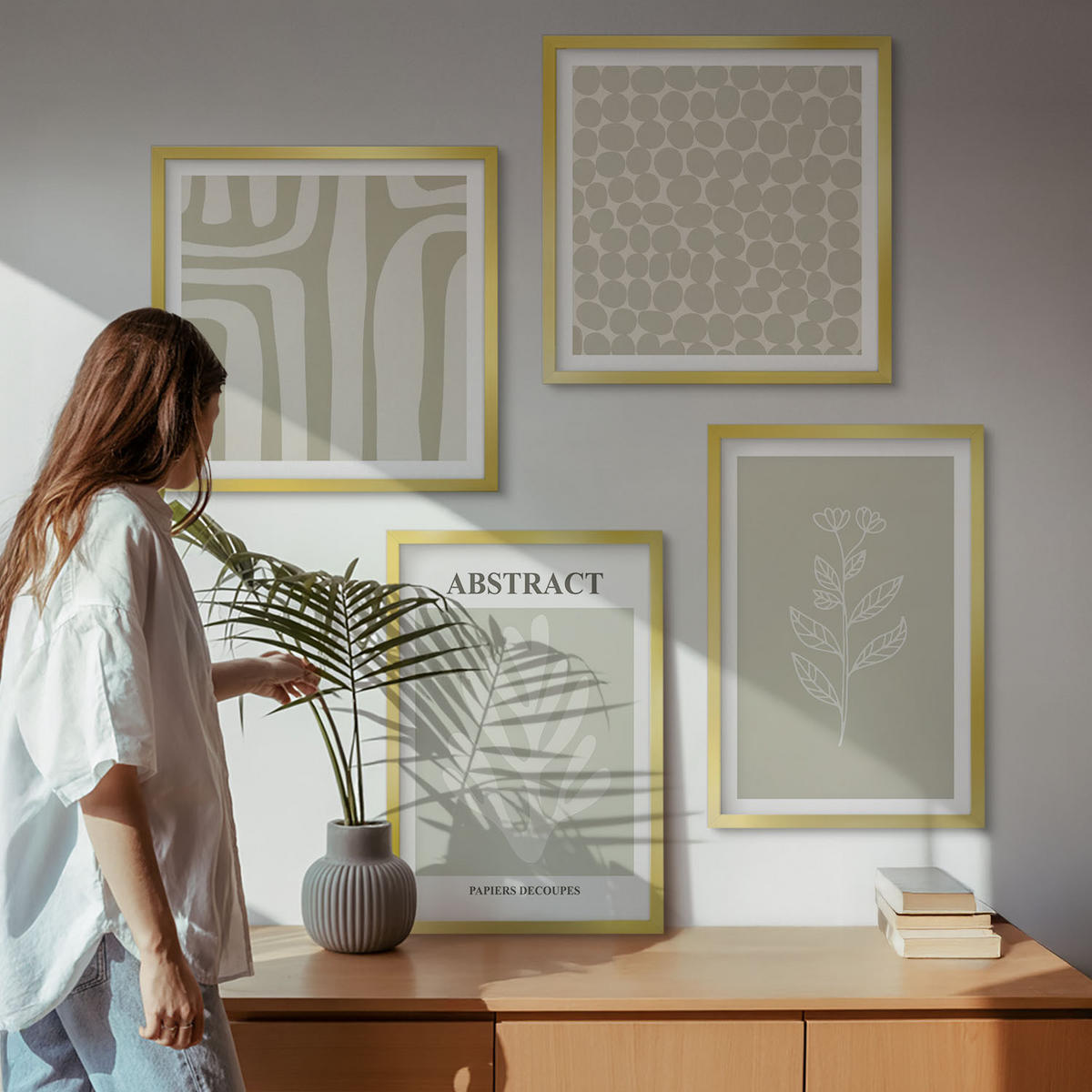BILDER SET 4er Set - 50x50 cm & 40x60 cm Goldrahmen - Pflanzen- und geometrische Muster - Goldfarben, Kunststoff (50/50cm) - TULUP