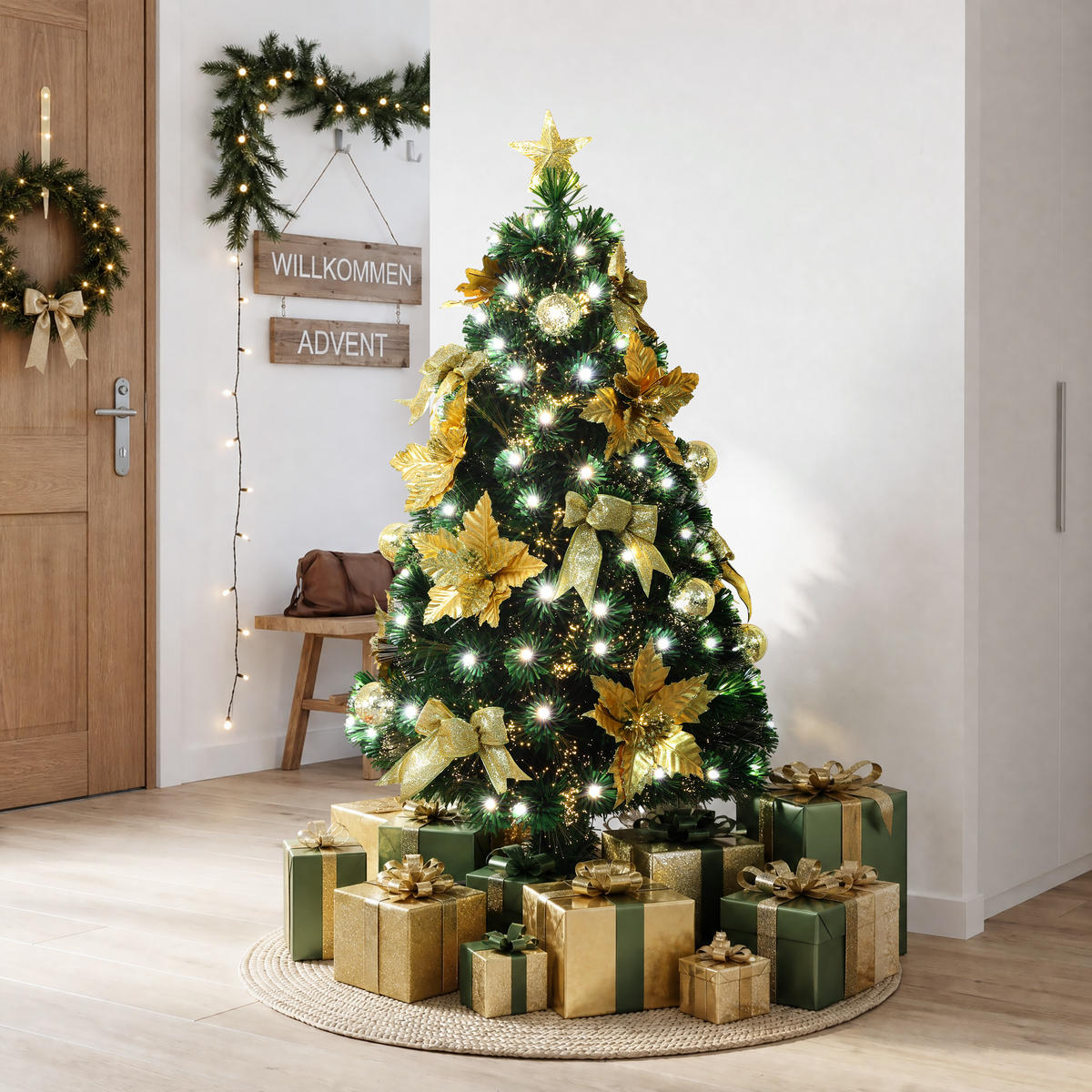 GLASFASER Weihnachtsbaum 120 cm mit 139 LEDs & Golddeko - Grün, Kunststoff (120cm) - Hometopia
