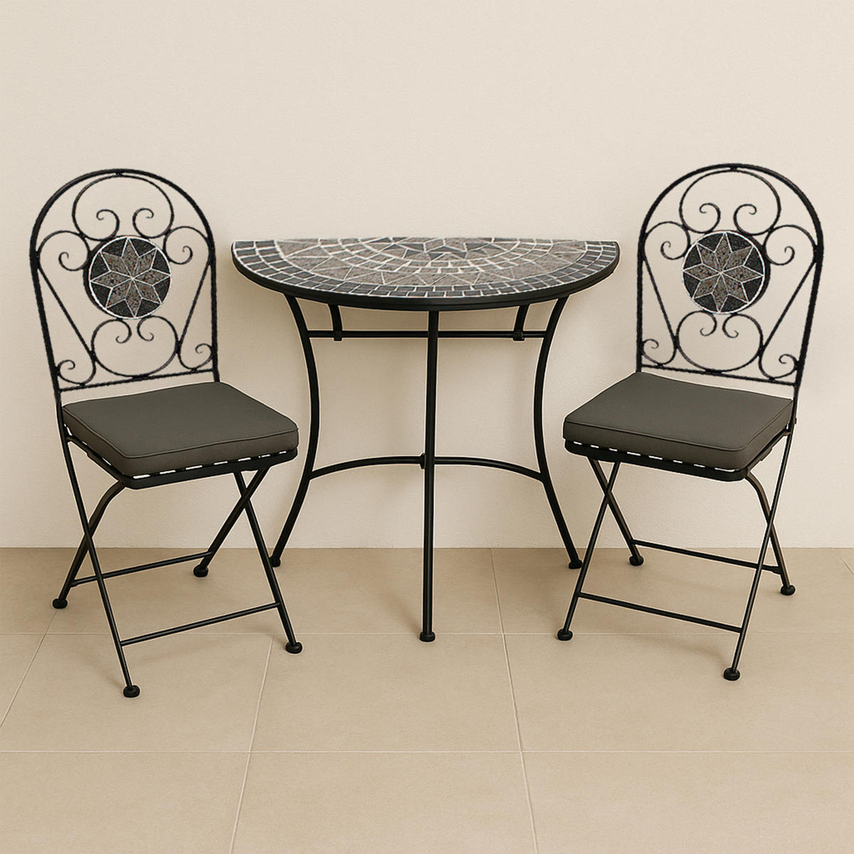 BISTROSET Derby - Gartenset 3-teilig (2x Klappstuhl, 1x Wandtisch 90x45cm halbrund) aus schwarz pulverbeschichtetem Eisen - Grau, Metall - TPFGarden