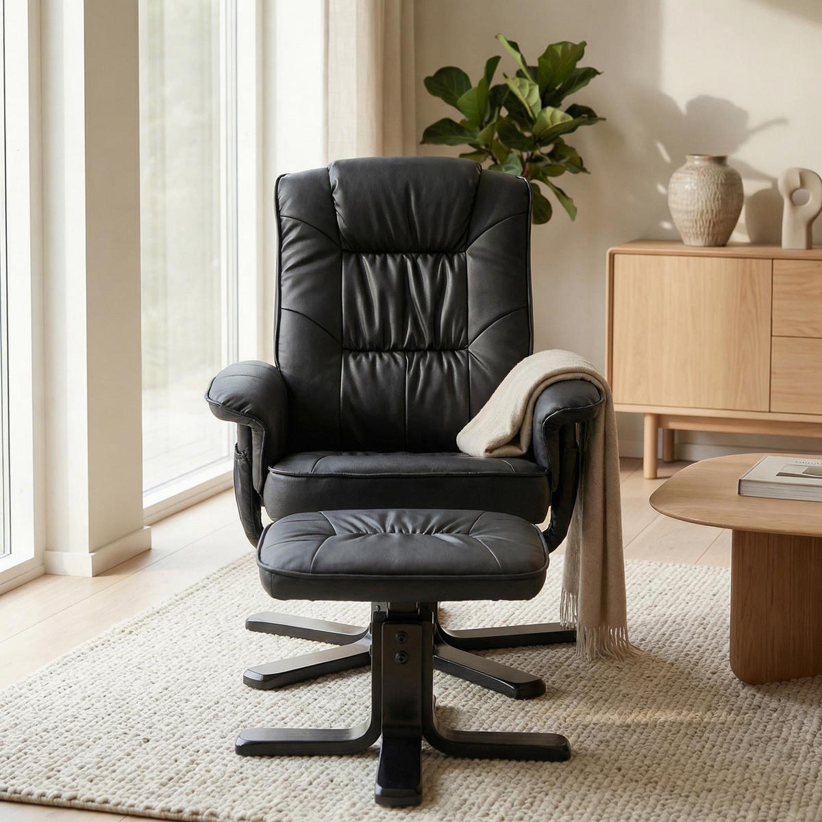 RELAXSESSEL KUNSTLEDER, SET MIT HOCKER CHARLY schwarz/schwarz - Schwarz, Textil (76/87/61cm) - IDIMEX