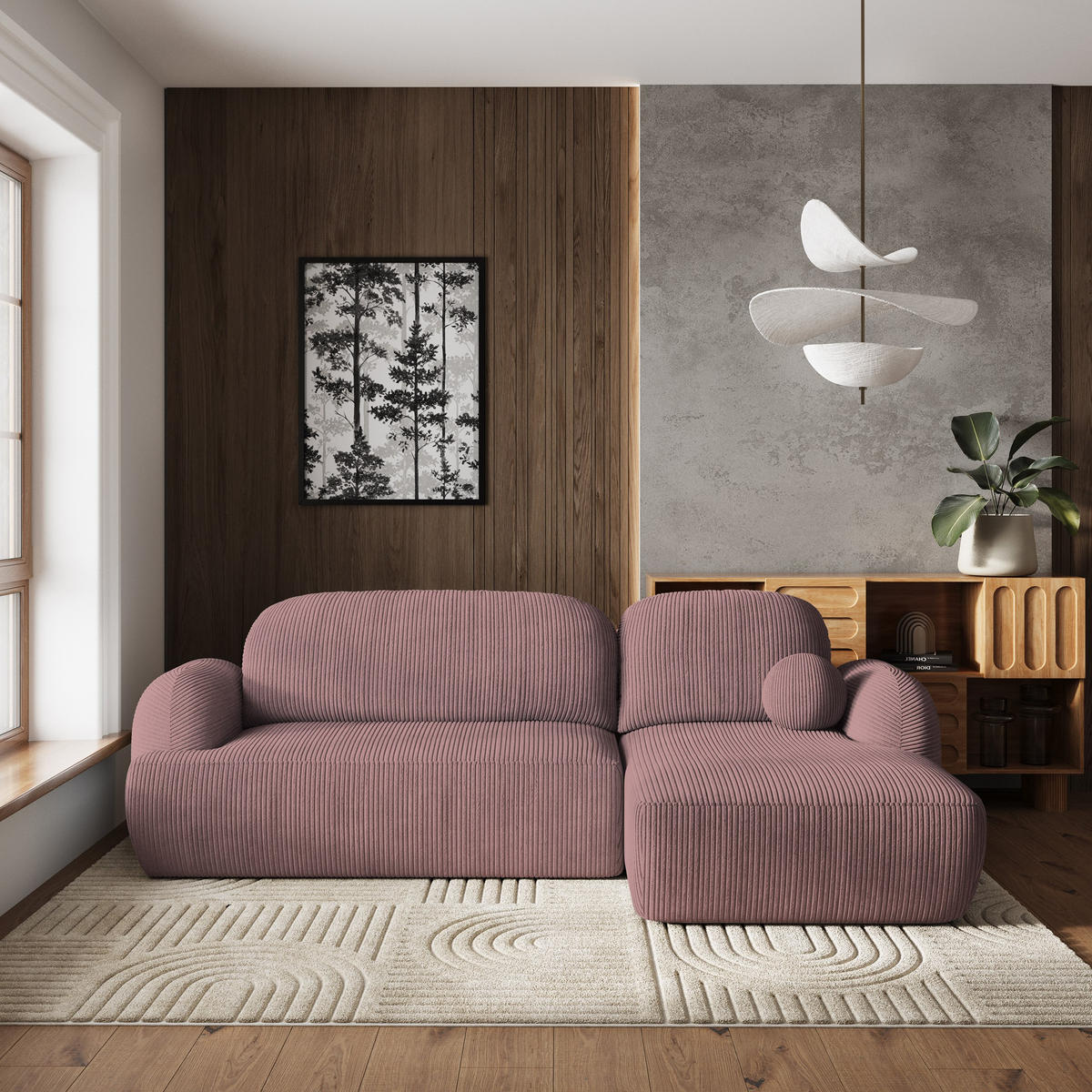 ROHOVÁ SEDAČKA MODENZA šeříková - černá/fialová, dřevo/textil (266/148cm) - MASSENO