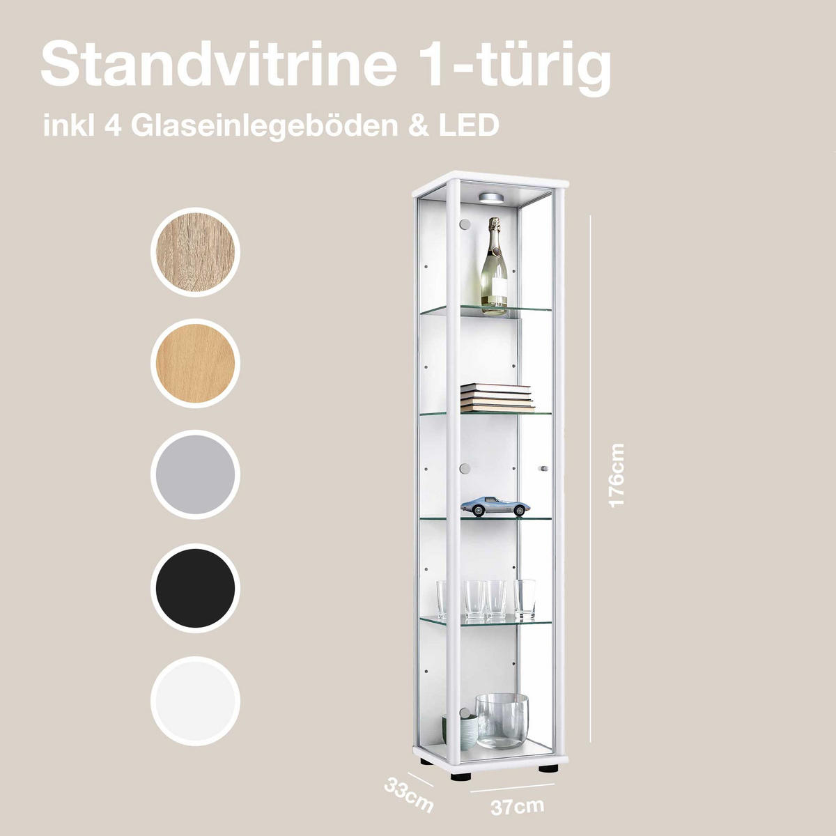 GLASVITRINE 33/37/176 cm mit LED & 4 höhenverstellbaren Glasböden - Transparent/Silberfarben, Glas/Holzwerkstoff (37/176/33cm) - K-Möbel