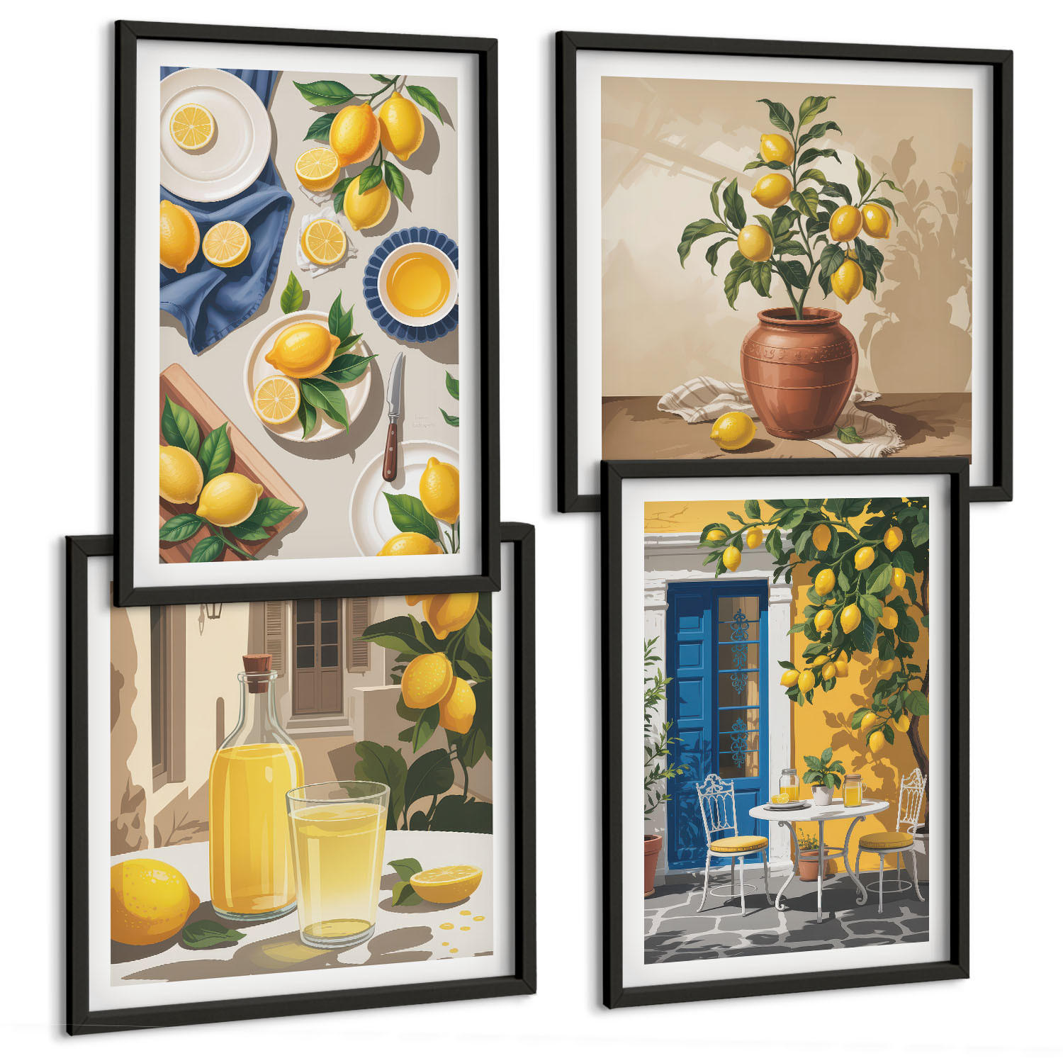 BILDER SET 4er Set - 50x50 cm & 40x60 cm Schwarzer Rahmen - Zitronengarten mit Getränken - Schwarz, Kunststoff (50/50cm) - TULUP