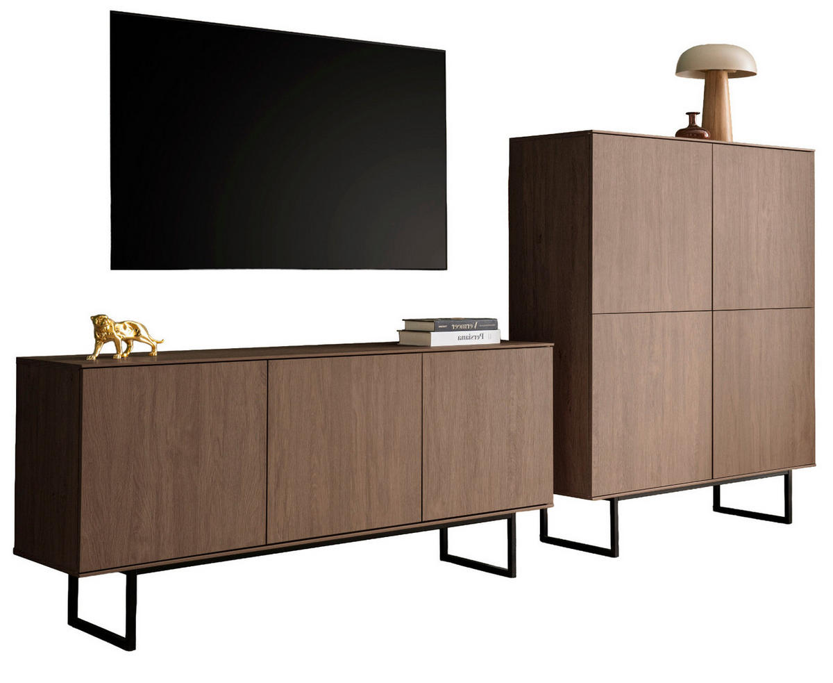WOHNWAND in Nussbaum 2-teilig 280 cm, Wohnkombination mit Push-to-Open - Nussbaumfarben/Schwarz, Holzwerkstoff/Metall (280/137/40cm) - Furn.Design
