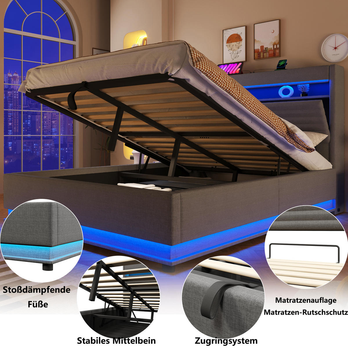 POLSTERBETT 140/200 cm in Grau Leinen mit LED, USB und Stauraum - Grau, Holzwerkstoff/Textil (140/200cm) - WISHDOR
