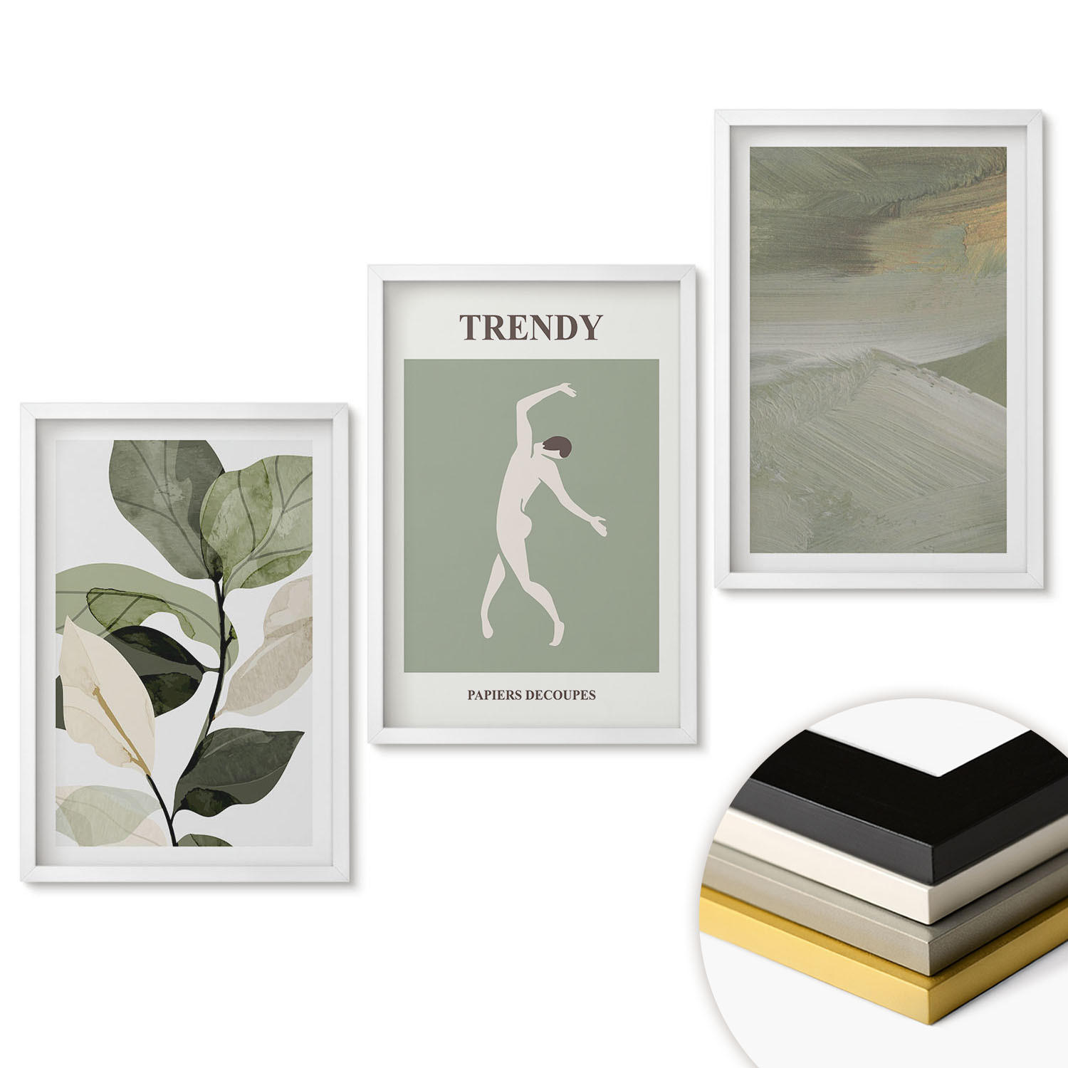WANDBILDER 3er-Set - 40x60 cm Weißer Rahmen - Abstrakte Pflanzensilhouettenmuster - Weiß, Kunststoff (40/60cm) - ArtPrintCave