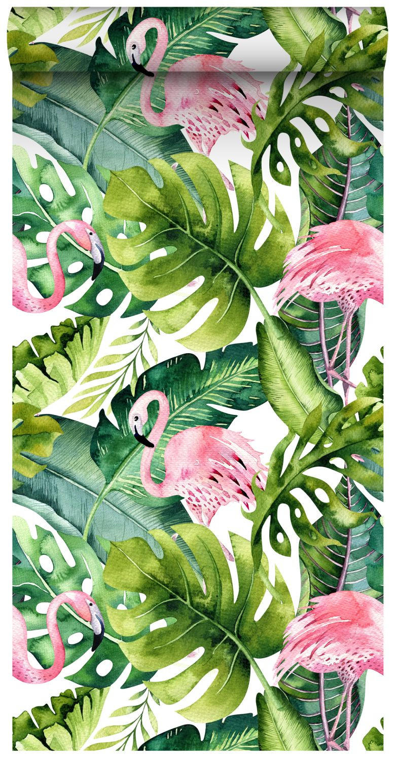 XXL-VLIESTAPETE tropische Blätter mit Flamingos 50 x 900 cm - Grün, Papier (50/0.1cm) - ESTAhome