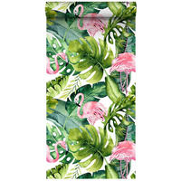 XXL-VLIESTAPETE tropische Blätter mit Flamingos 50 x 900 cm - Grün, Papier (50/0.1cm) - ESTAhome