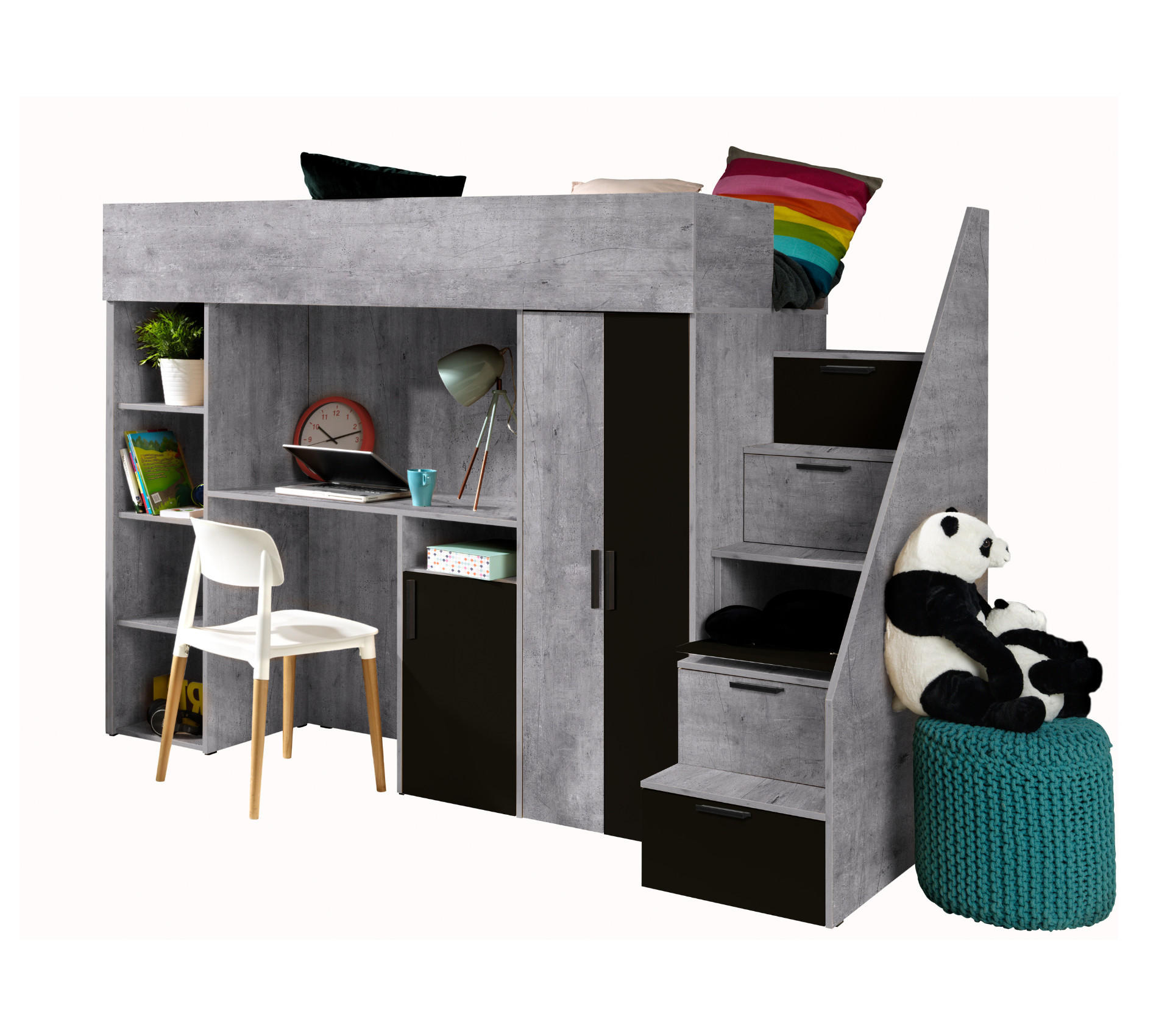 Abiks Möbel Hochbett Grau, Schwarz 90x200 cm
