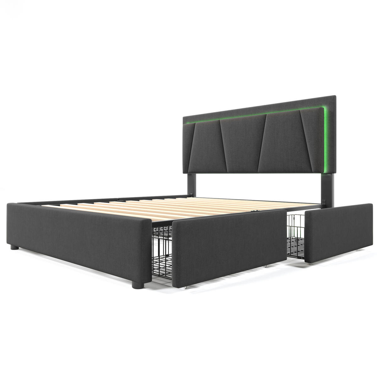POLNJENA postelja iz lesa 160x200 cm siva z LED osvetlitvijo, nastavljivim vzglavjem in 4 predali - siva, tekstil (160/200cm) - Modfu