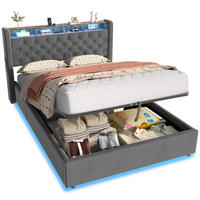 POLSTERBETT aus Samt 140x190 cm Grau mit LED-Beleuchtung & USB-Anschlüsse mit hydraulischem Stauraum - Grau, Textil (140/190cm) - Modfu