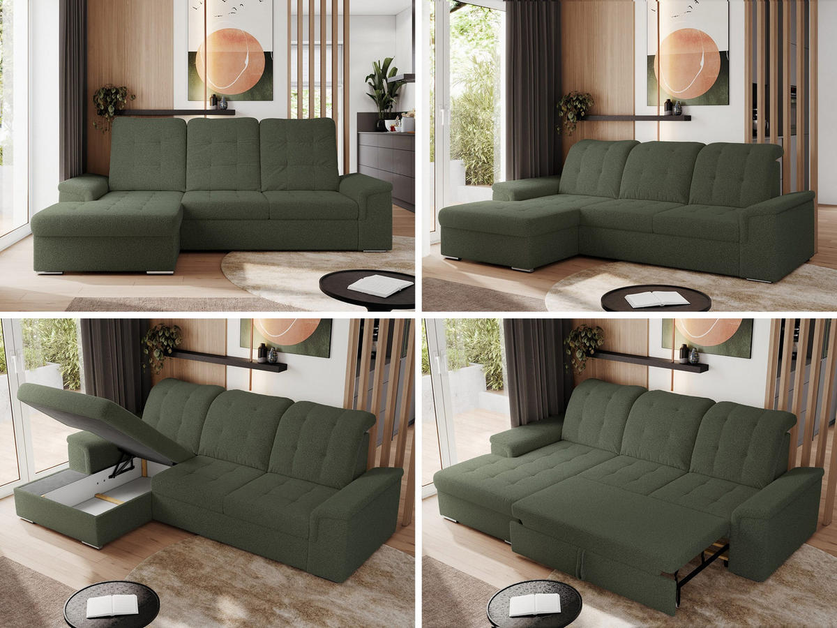 ECKSOFA MADRITO L - Grün Boucle - Links - Silberfarben/Grün, Textil/Metall (160/256cm)