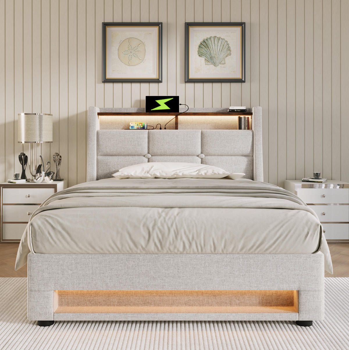 POLSTERBETT mit Stauraum, USB und LED 90x200 cm Beige - Beige, Metall (90/200cm) - Meubliv