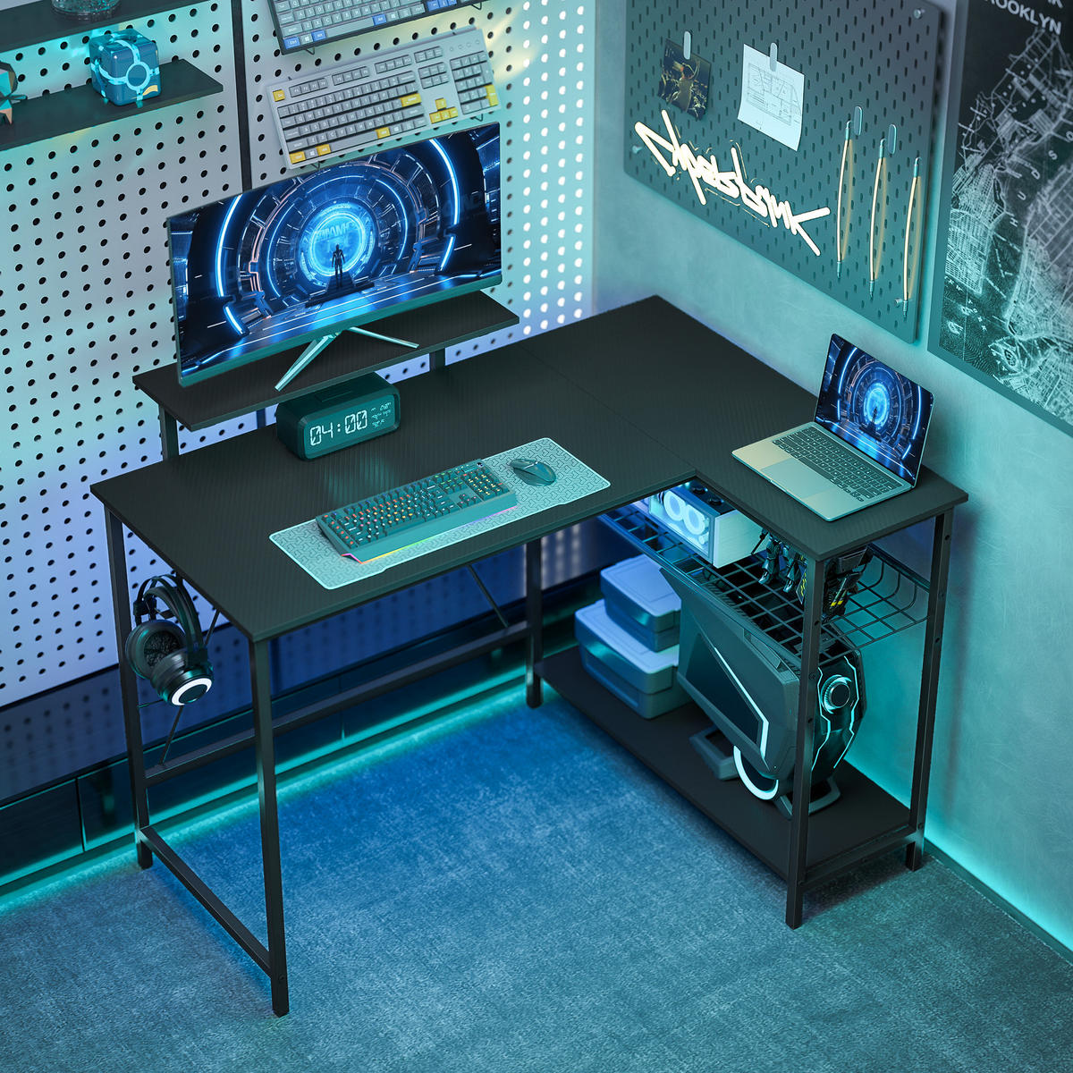 GAMINGTISCH L-Form DE-14931 Schwarz - Schwarz, Holzwerkstoff (114.5/82/91.5cm) - ComfortXL