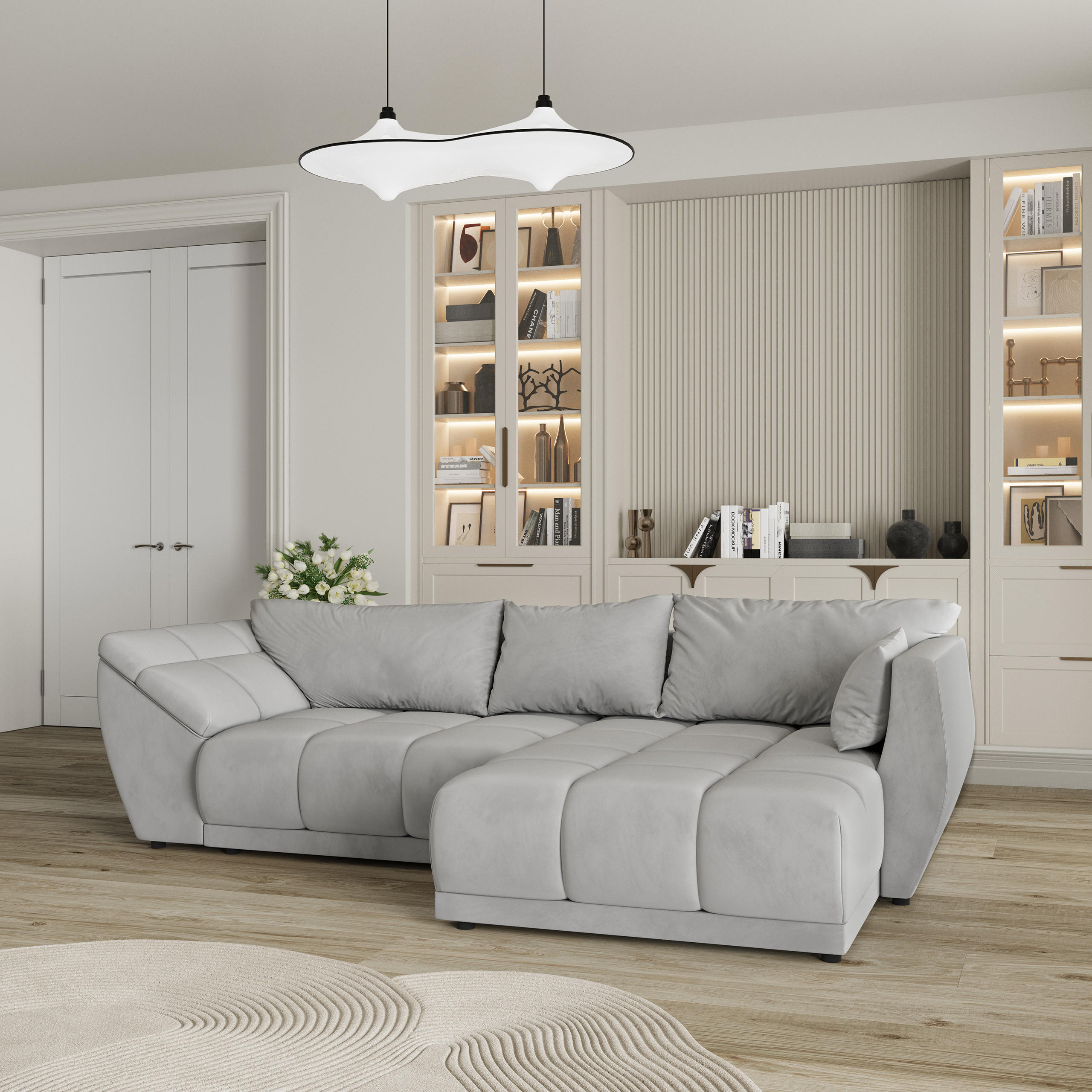 ECKSOFA ORENTI R-S Hellgrau Velours-Stoff mit Schlaffunktion - Hellgrau, Holz (287/182cm) - MASSENO